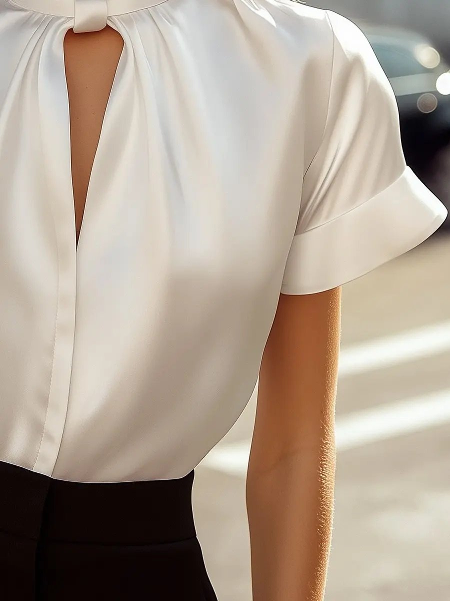 Sophisticated White Satin Keyhole Neckline - Blouse CAAYWORLD