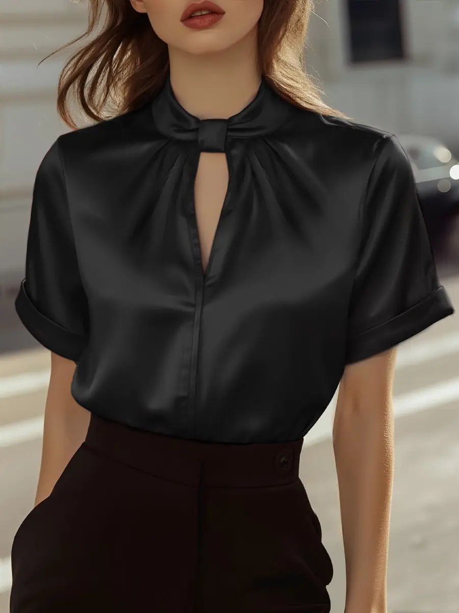 Sophisticated White Satin Keyhole Neckline - Blouse CASA LARO
