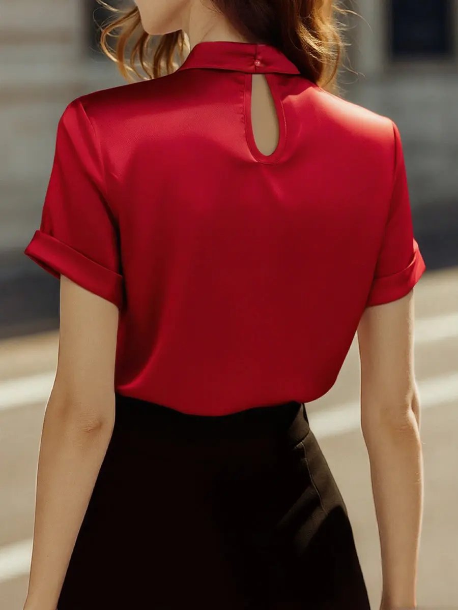 Sophisticated White Satin Keyhole Neckline - Blouse CAAYWORLD