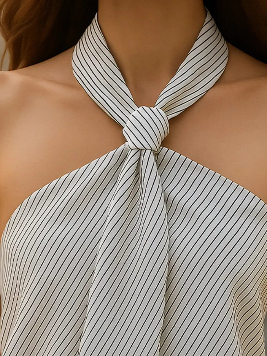 Striped Knot-Front Halter-Neck - Blouse Caay Shop