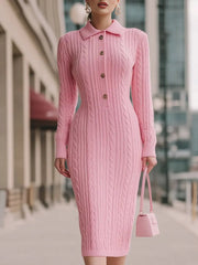 Sweet Pink Cable-Knit Polo Collar - Midi Dress CASA LARO