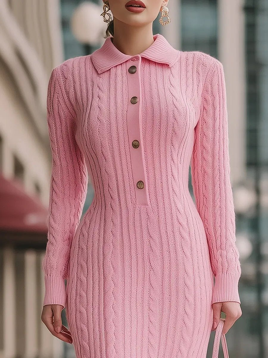Sweet Pink Cable-Knit Polo Collar - Midi Dress CASA LARO