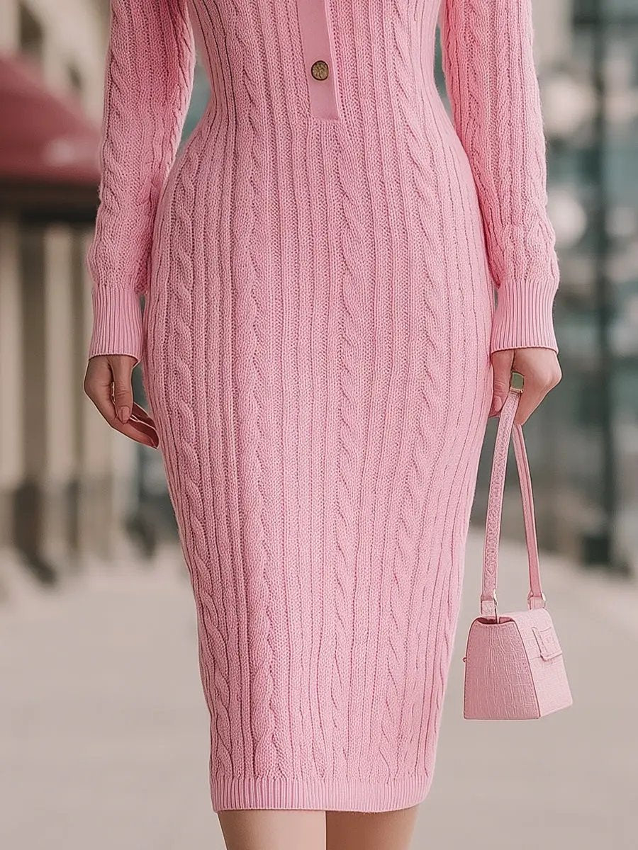 Sweet Pink Cable-Knit Polo Collar - Midi Dress CASA LARO