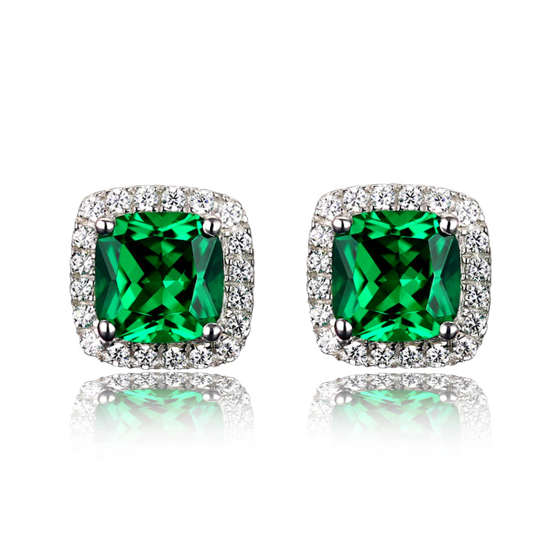 Retro Emeralds Cut Halo Stud Earrings in 18K Platinum Plated Sterling Silver shine of diamond