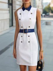 Tailored Double-Breasted White Dress with Navy Trim - Midi Dress CASA LARO