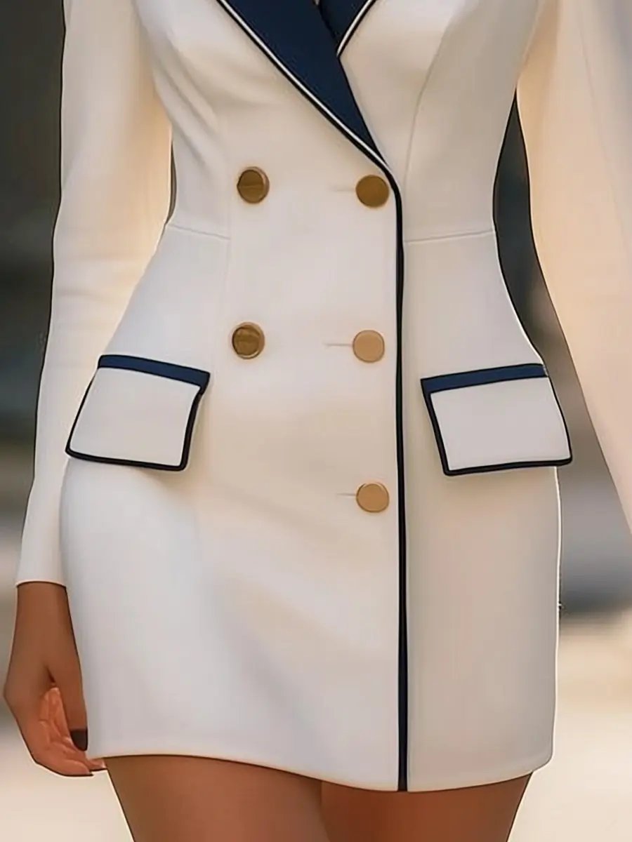 Tailored White Double-Breasted Dress with Navy Lapel - Blazer Dress CASA LARO