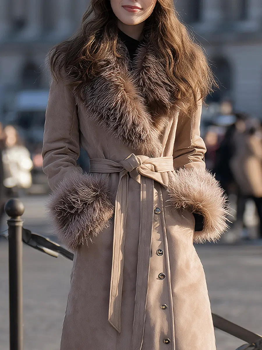 Taupe Belted with Faux-Fur Trim Collar & Cuffs - Coat CASA LARO