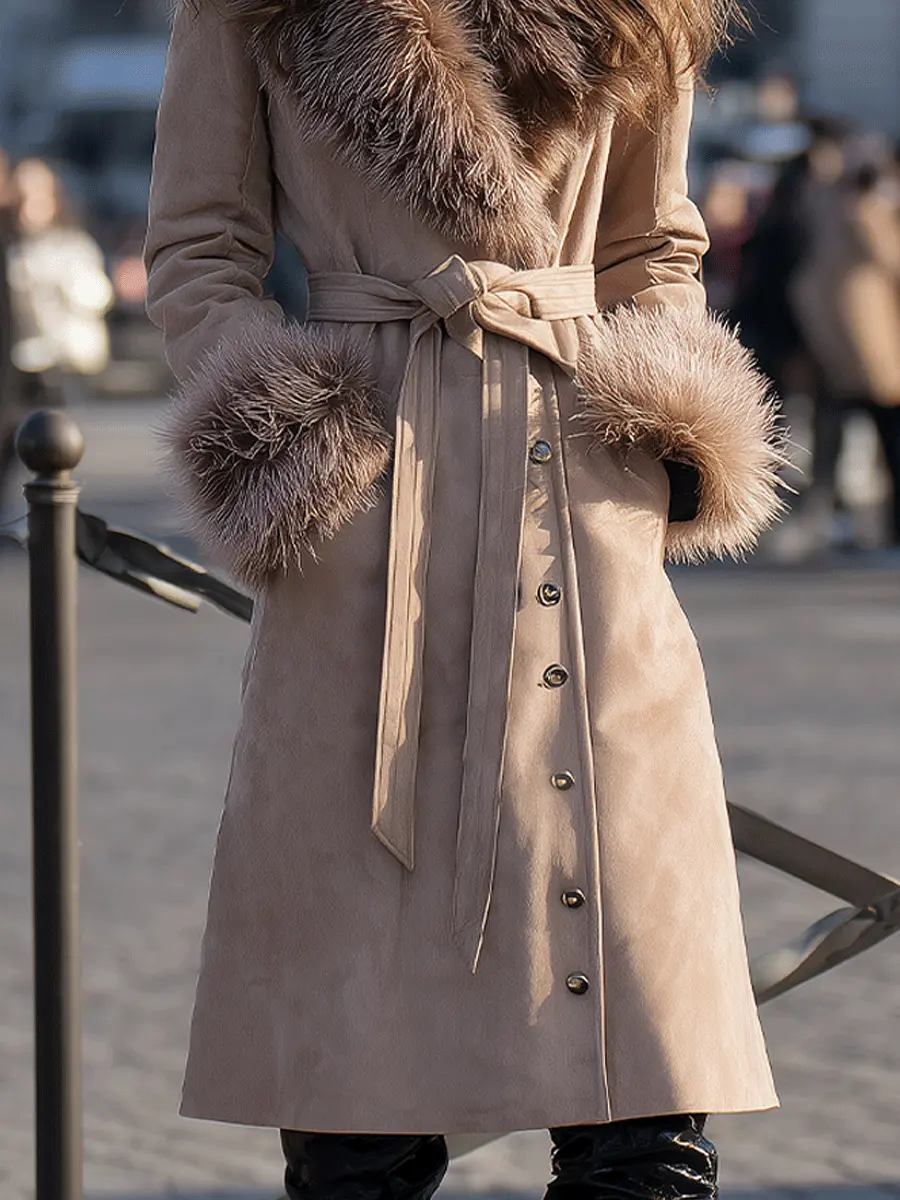Taupe Belted with Faux-Fur Trim Collar & Cuffs - Coat CASA LARO