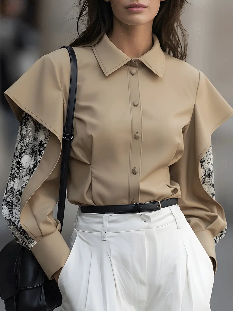 Taupe Button-Down With Draped Overlay Sleeves and Floral Contrast - Blouse CASA LARO