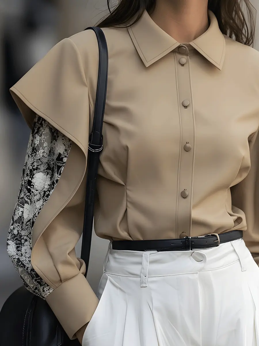 Taupe Button-Down With Draped Overlay Sleeves and Floral Contrast - Blouse CASA LARO
