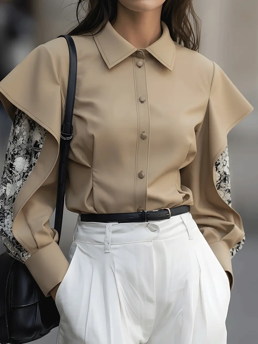Taupe Button-Down With Draped Overlay Sleeves and Floral Contrast - Blouse CASA LARO