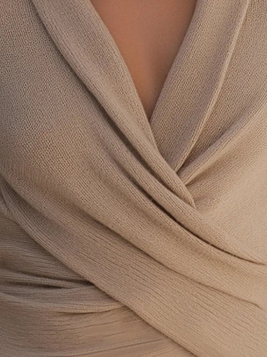Taupe Draped Wrap Knit Top - Sweater CASA LARO