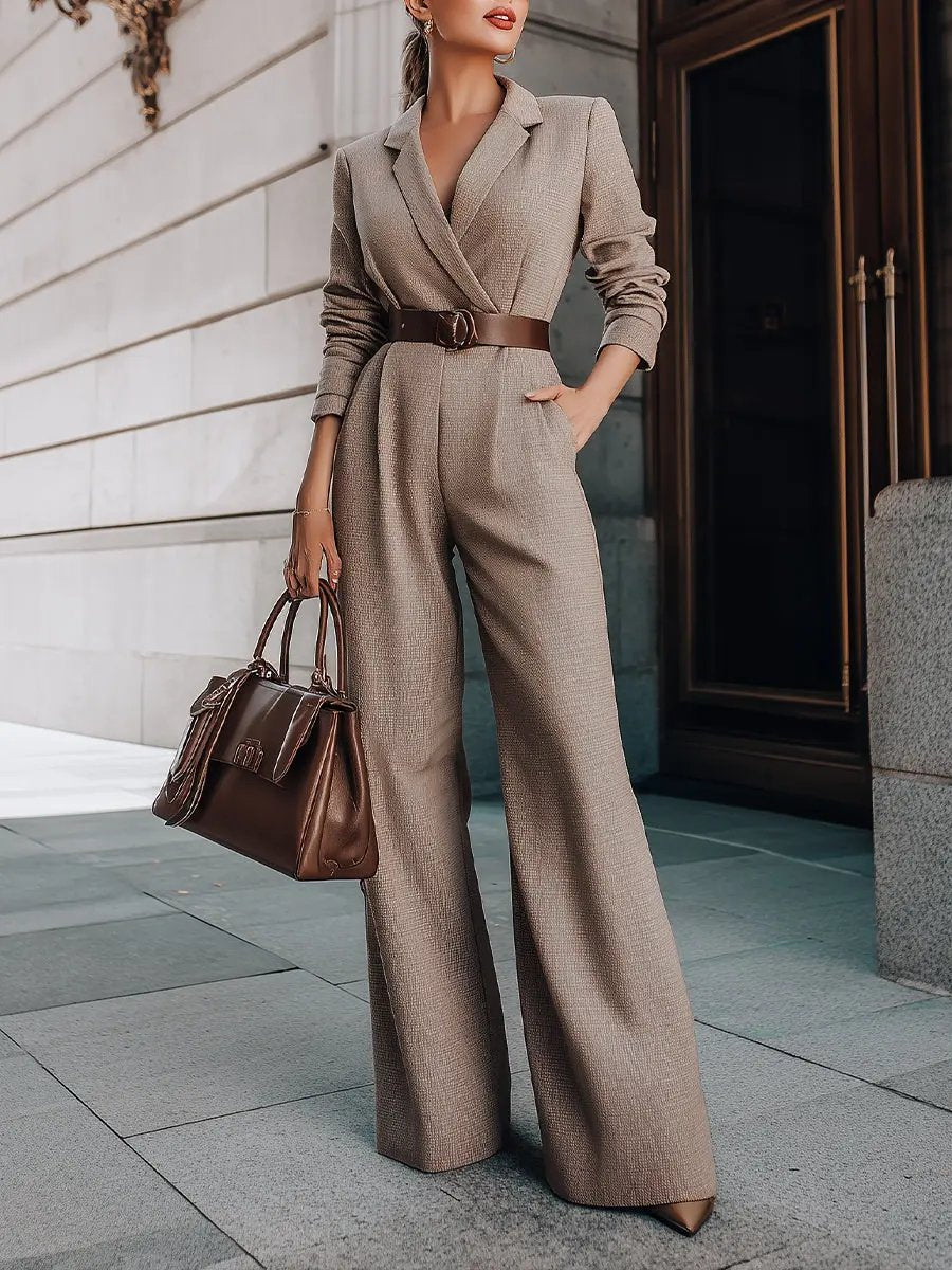 Taupe Tailored Blazer-Style Belted Wide-Leg - Jumpsuit CASA LARO