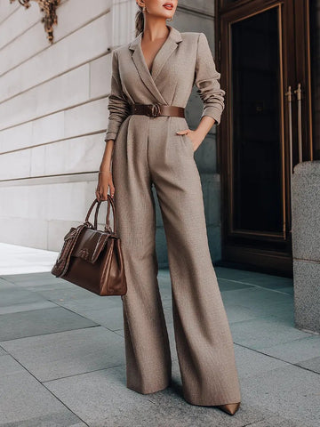 Taupe Tailored Blazer-Style Belted Wide-Leg - Jumpsuit CASA LARO