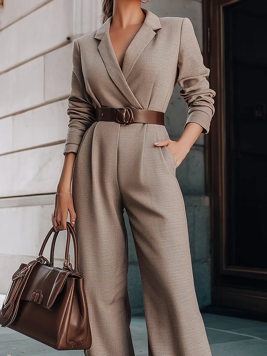 Taupe Tailored Blazer-Style Belted Wide-Leg - Jumpsuit CASA LARO