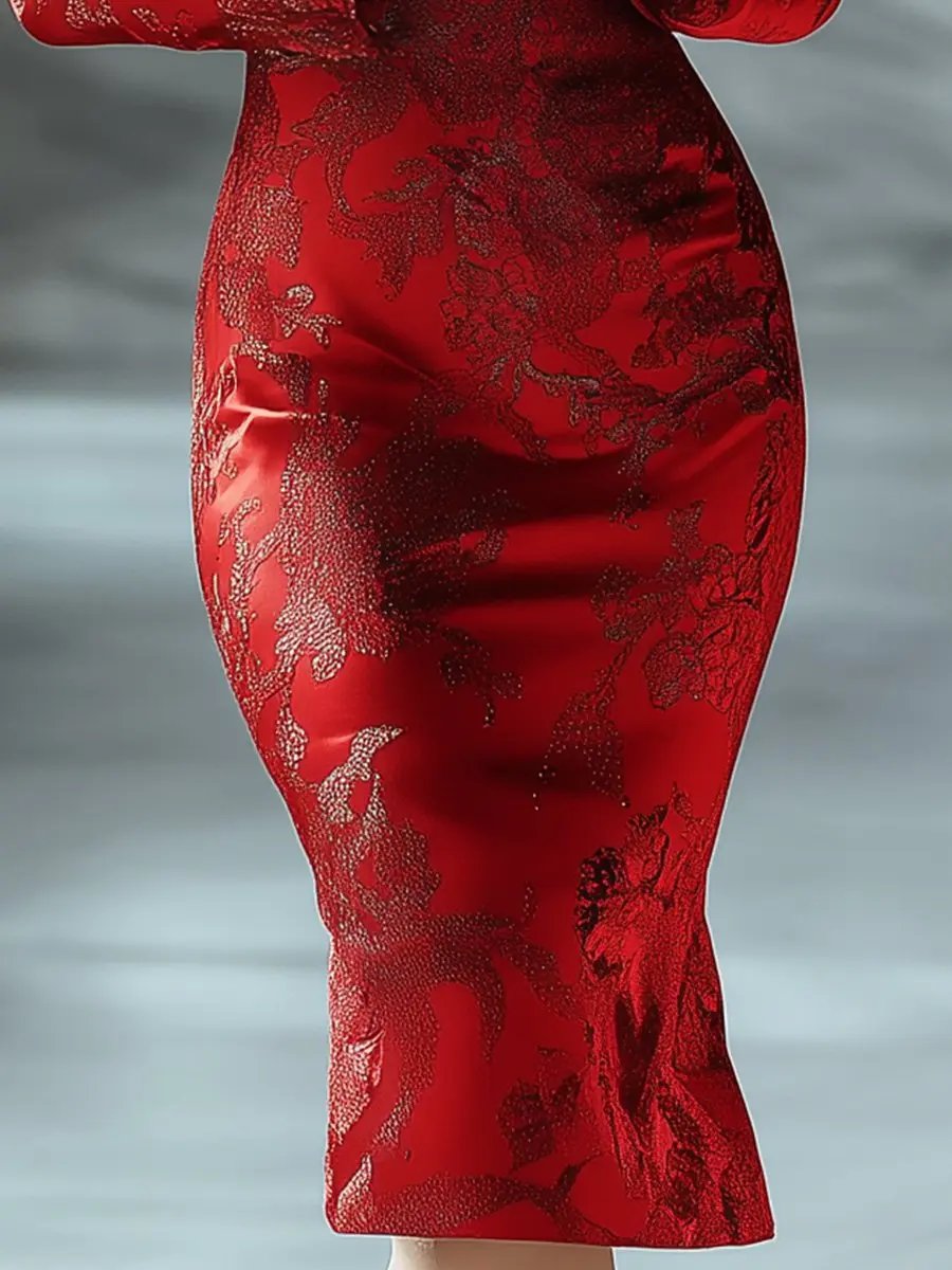 Timeless Red Printed Satin Evening - Maxi Dress CASA LARO