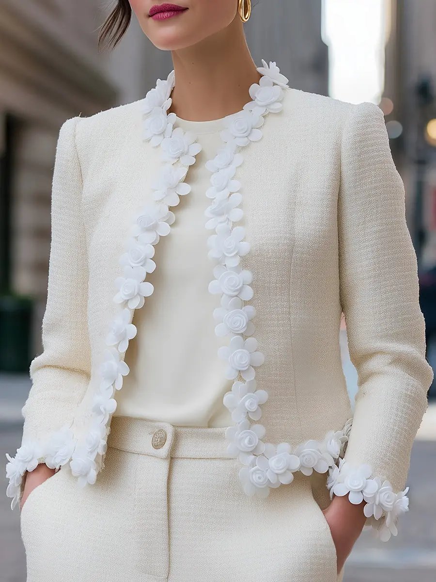 Tweed Jacket With 3D Floral Appliqué Trim - Jacket CASA LARO