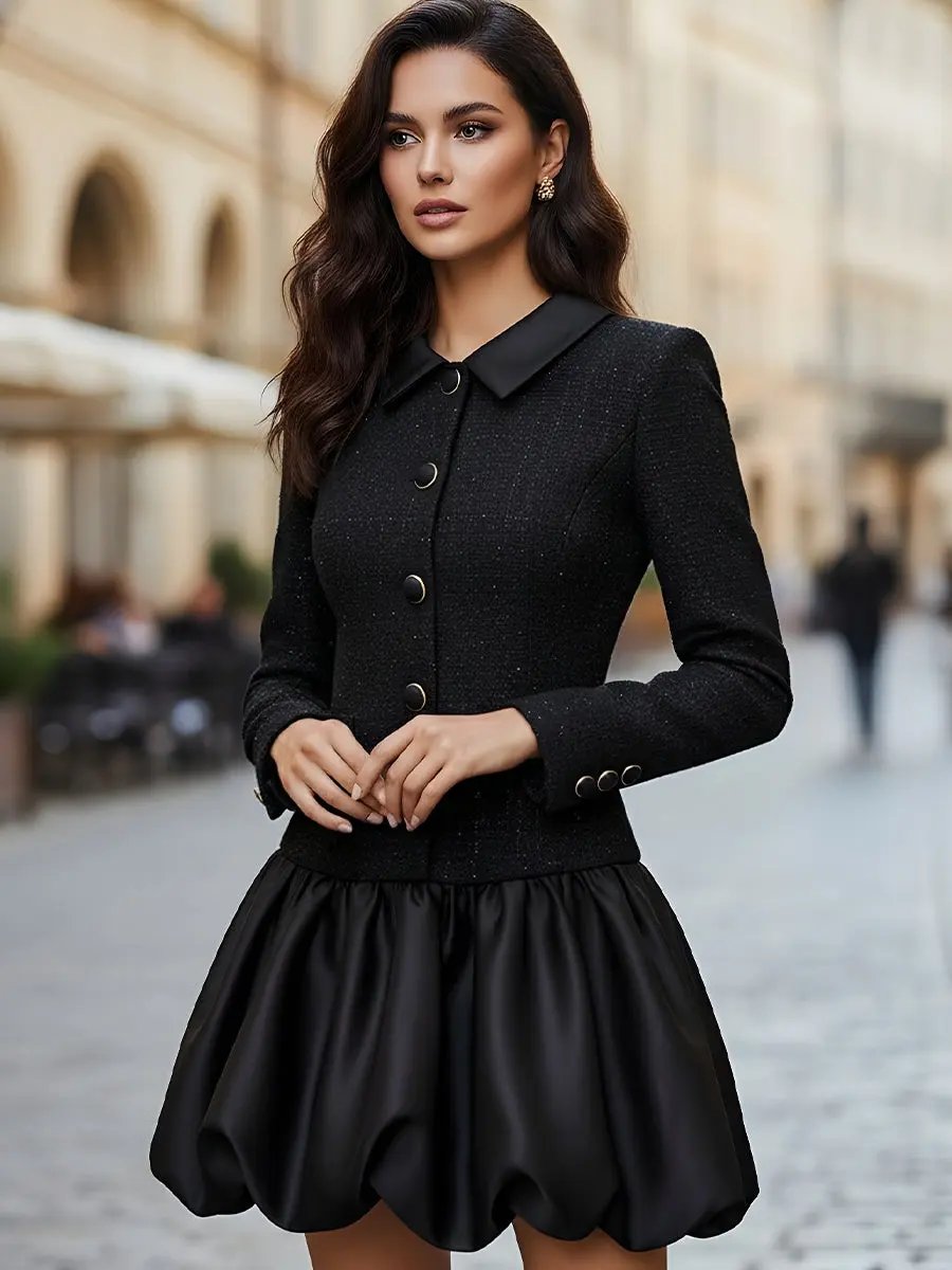 Tweed-Trim Satin Bubble Hem - Mini Dress CASA LARO