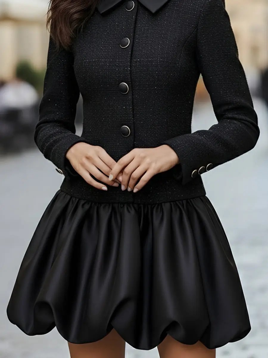 Tweed-Trim Satin Bubble Hem - Mini Dress CASA LARO