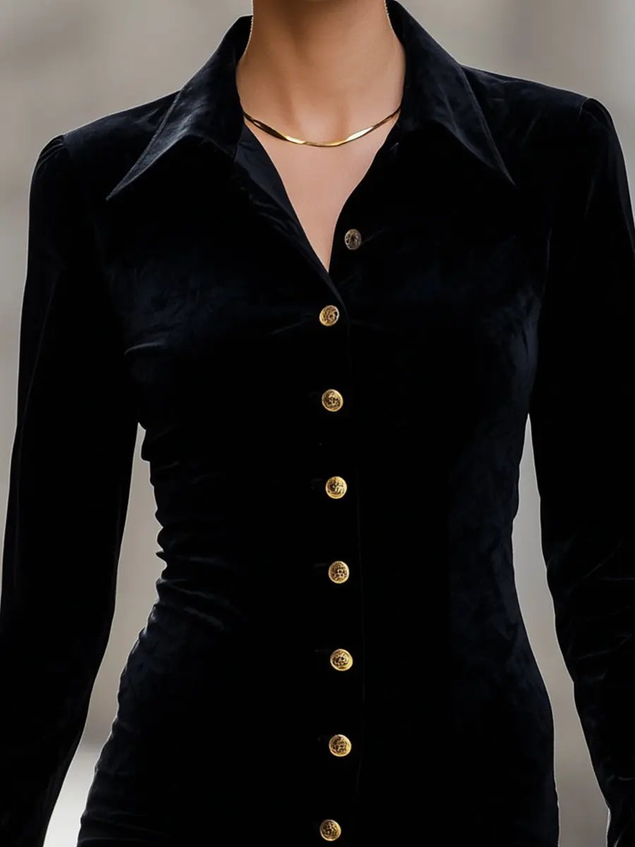 Velvet Gold-Button Detail - Shirt Dress CASA LARO