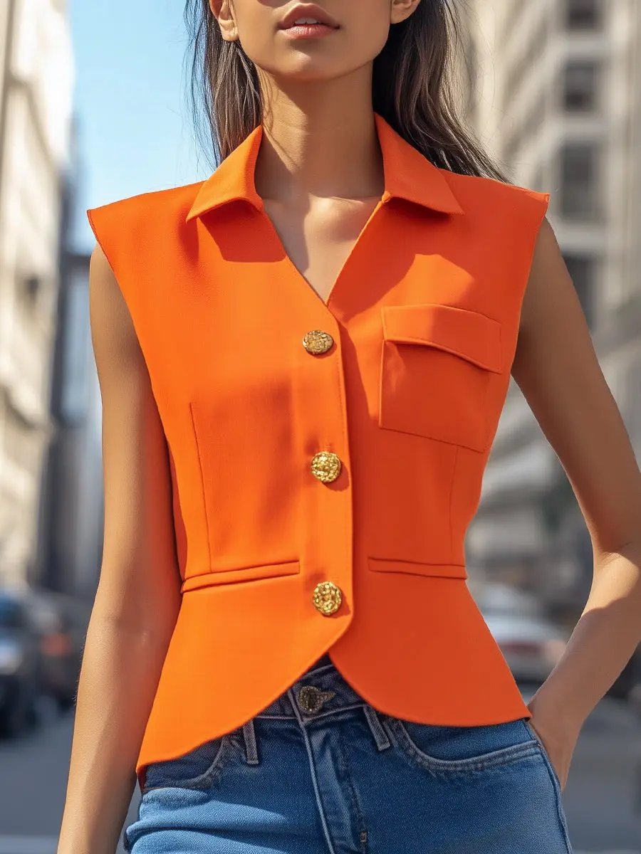 Vibrant Orange Tailored Sleeveless Blazer - Blazer Top CASA LARO