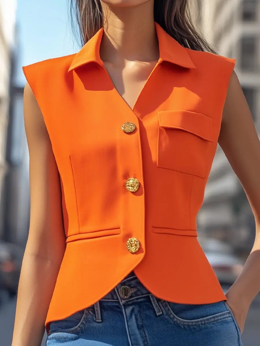 Vibrant Orange Tailored Sleeveless Blazer - Blazer Top CASA LARO