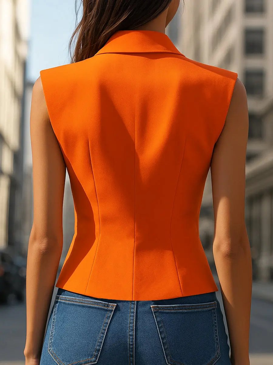 Vibrant Orange Tailored Sleeveless Blazer - Blazer Top CASA LARO