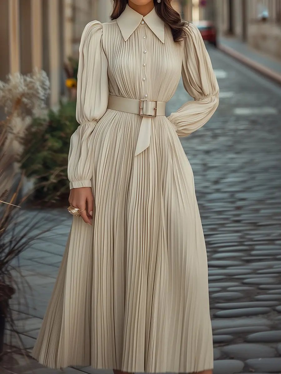 Vintage Ivory Pleated Belted Waist - Midi Dress CASA LARO