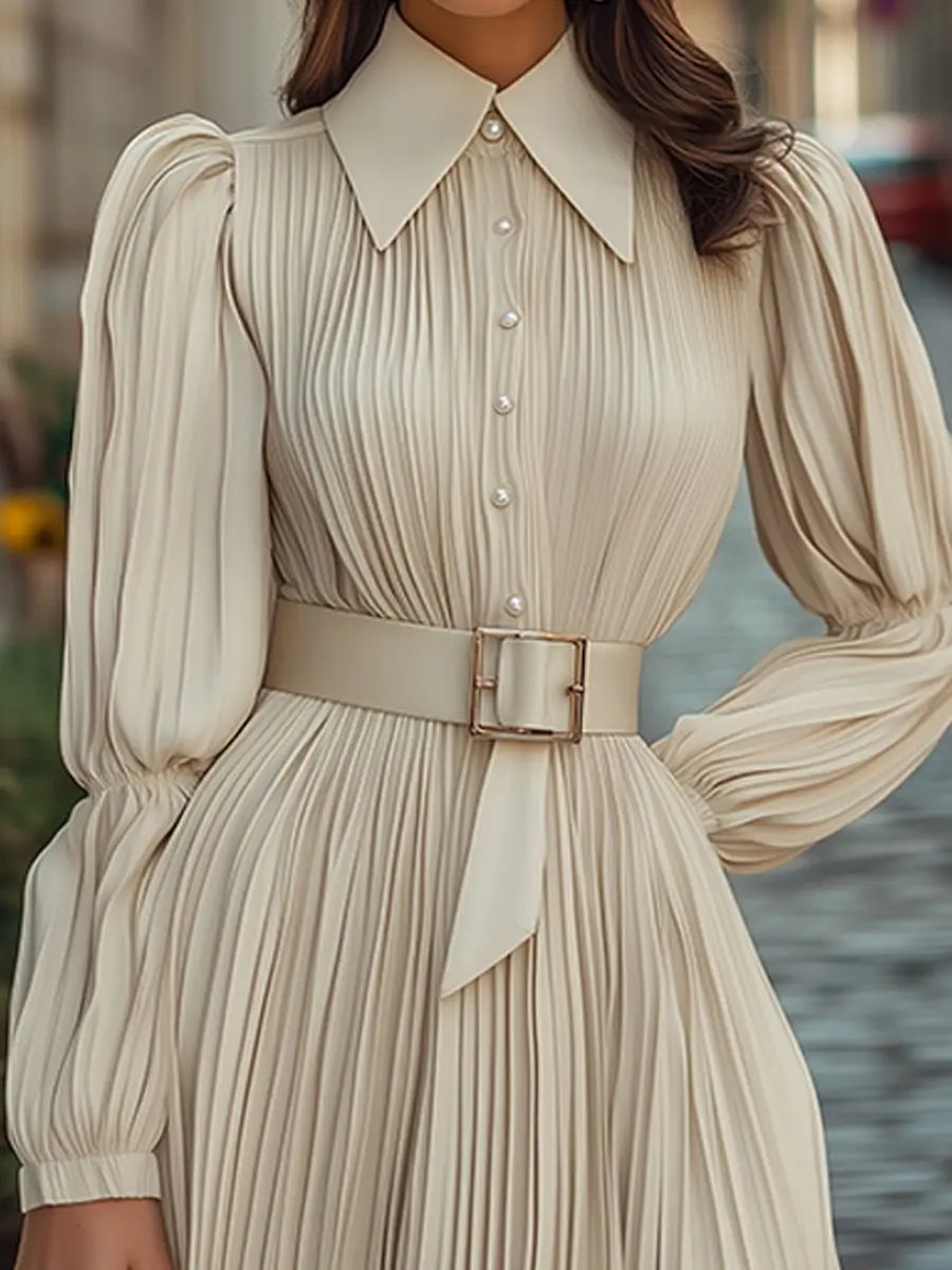 Vintage Ivory Pleated Belted Waist - Midi Dress CASA LARO