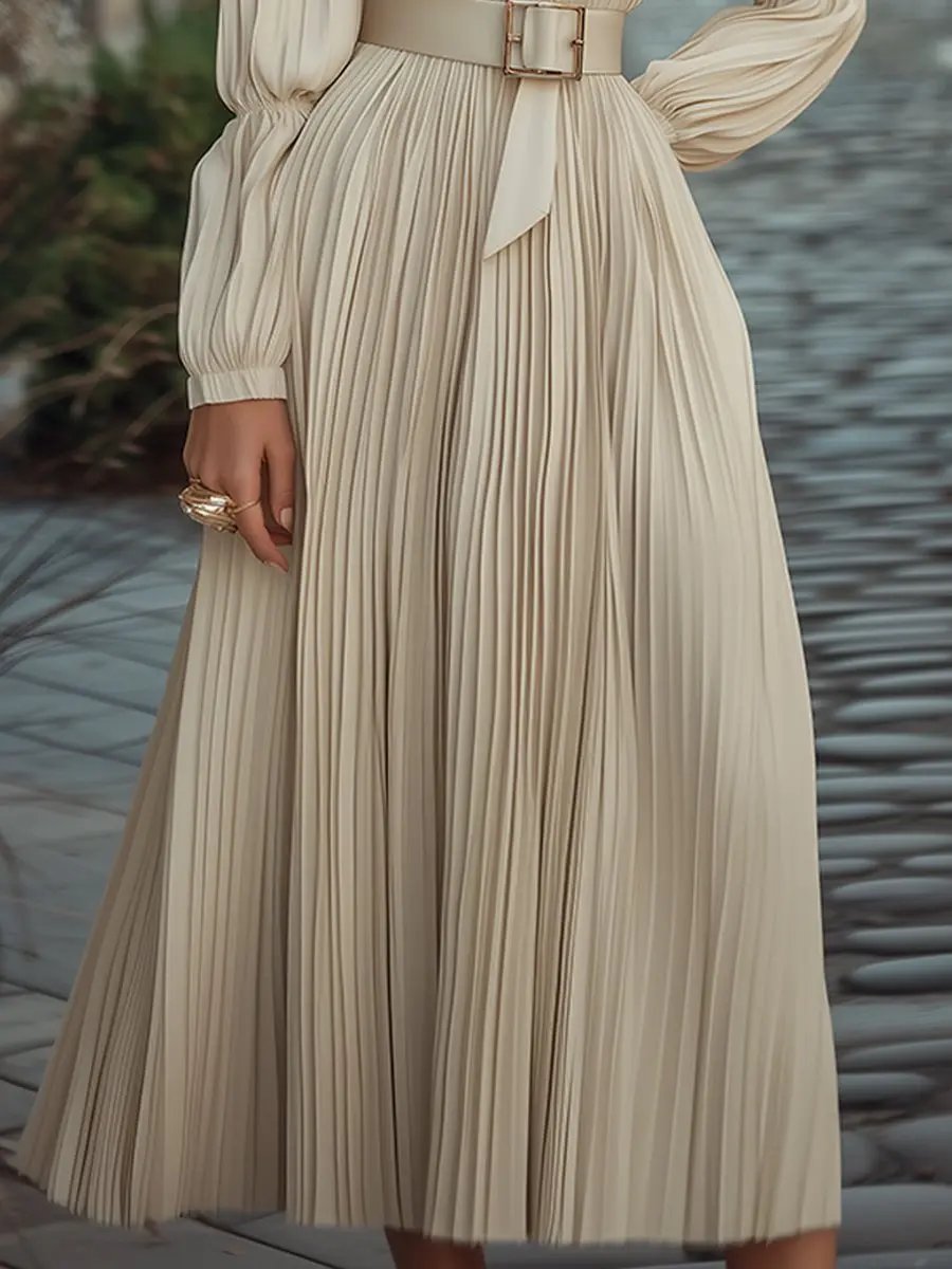 Vintage Ivory Pleated Belted Waist - Midi Dress CASA LARO