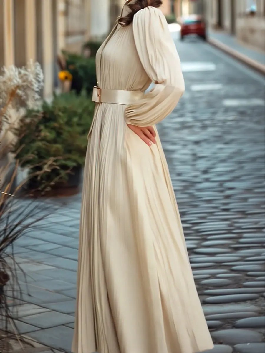 Vintage Ivory Pleated Belted Waist - Midi Dress CASA LARO
