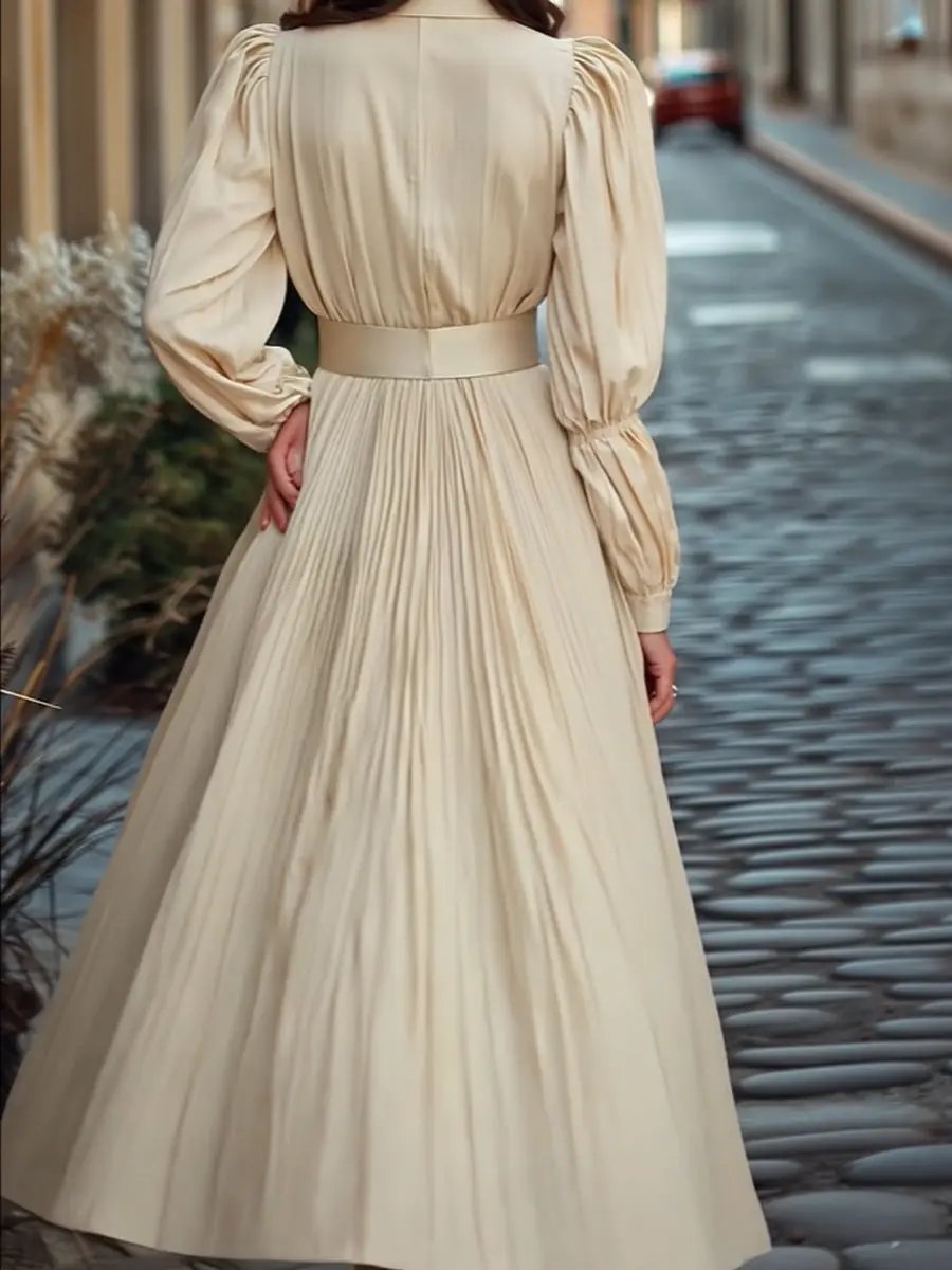 Vintage Ivory Pleated Belted Waist - Midi Dress CASA LARO