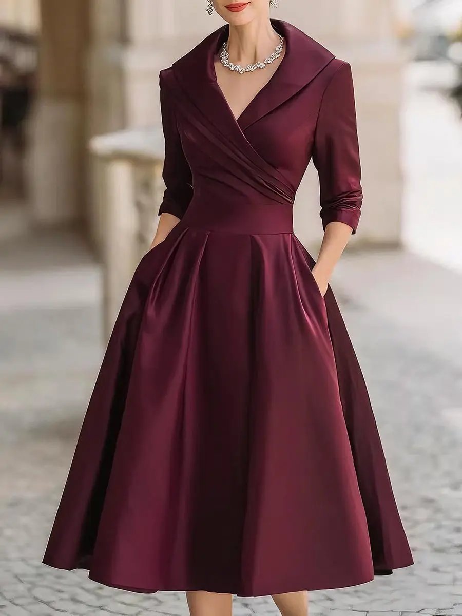 Vintage Satin Draped Collar Elegant Silhouette - Midi Dress CASA LARO