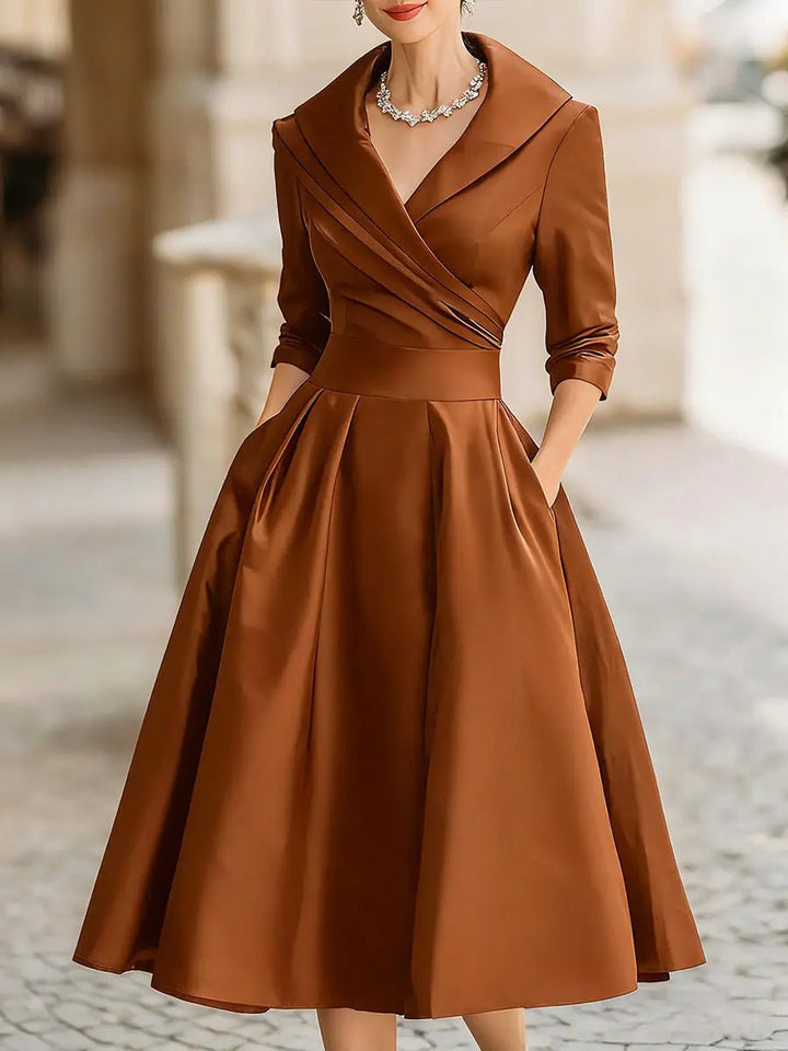 Vintage Satin Draped Collar Elegant Silhouette - Midi Dress CASA LARO
