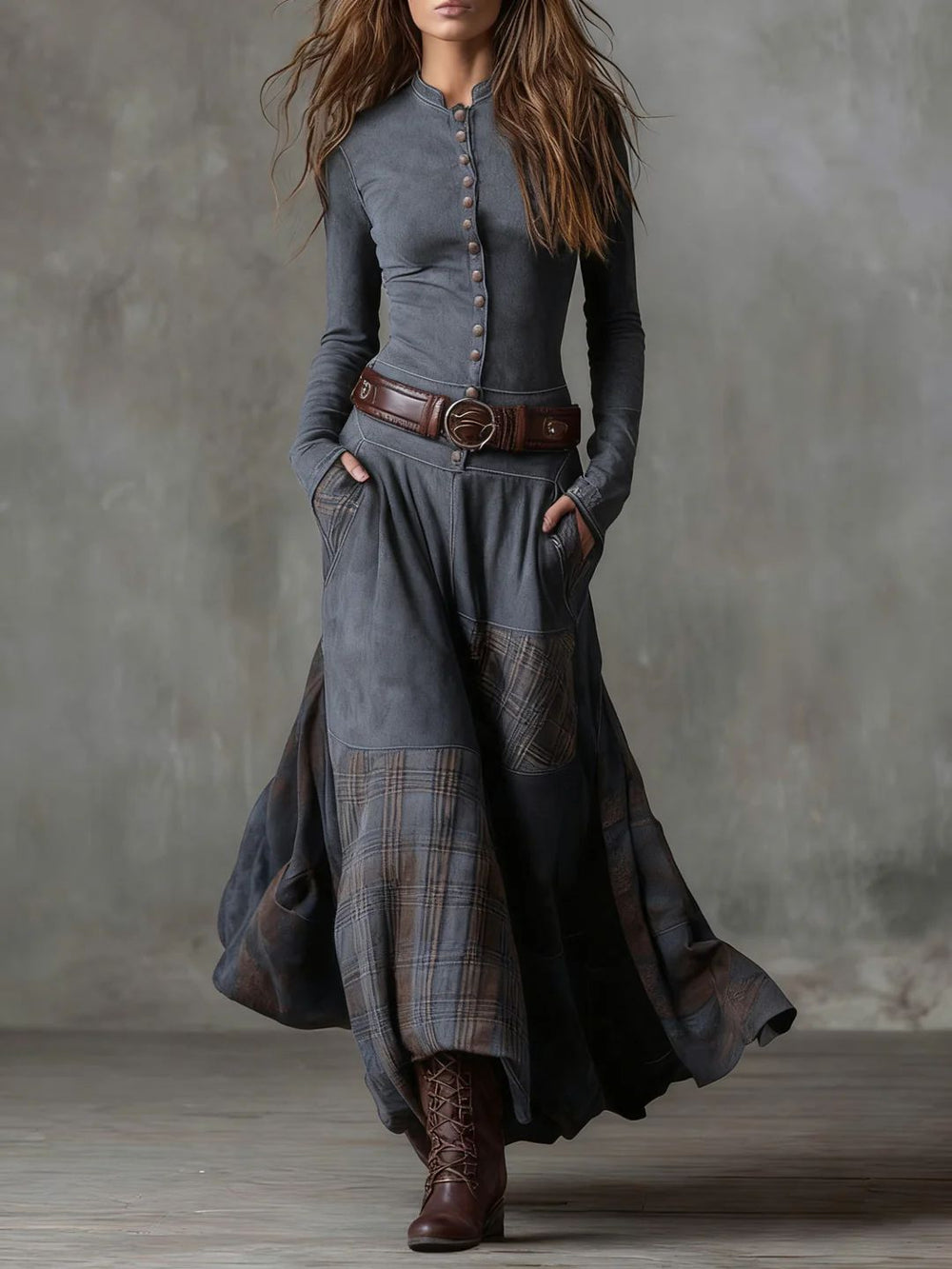 Leonora™ | Vintage Suede Check Dress (Includes Belt)