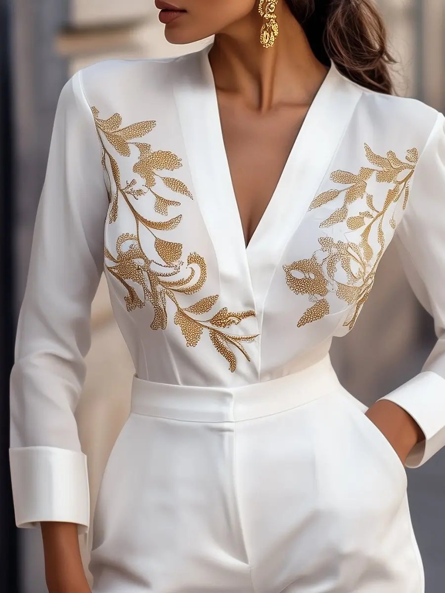 White Blouse with Gold Floral Embroidery - Blouse CASA LARO