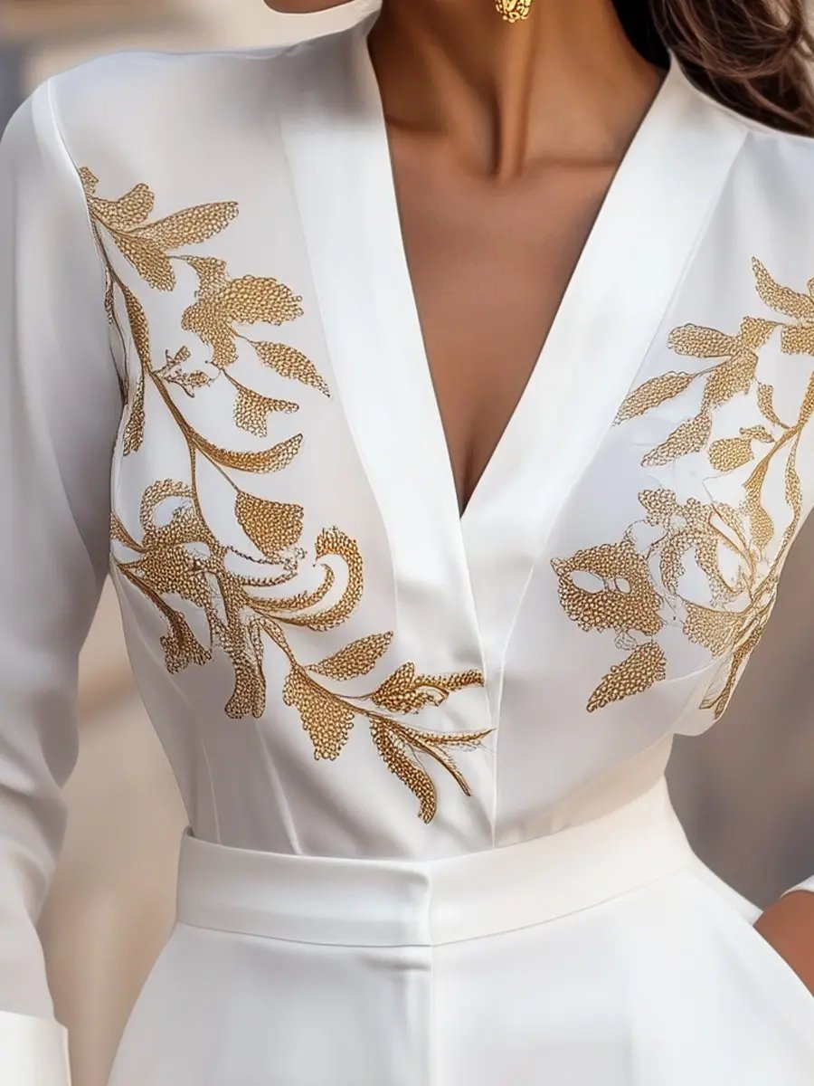 White Blouse with Gold Floral Embroidery - Blouse CASA LARO