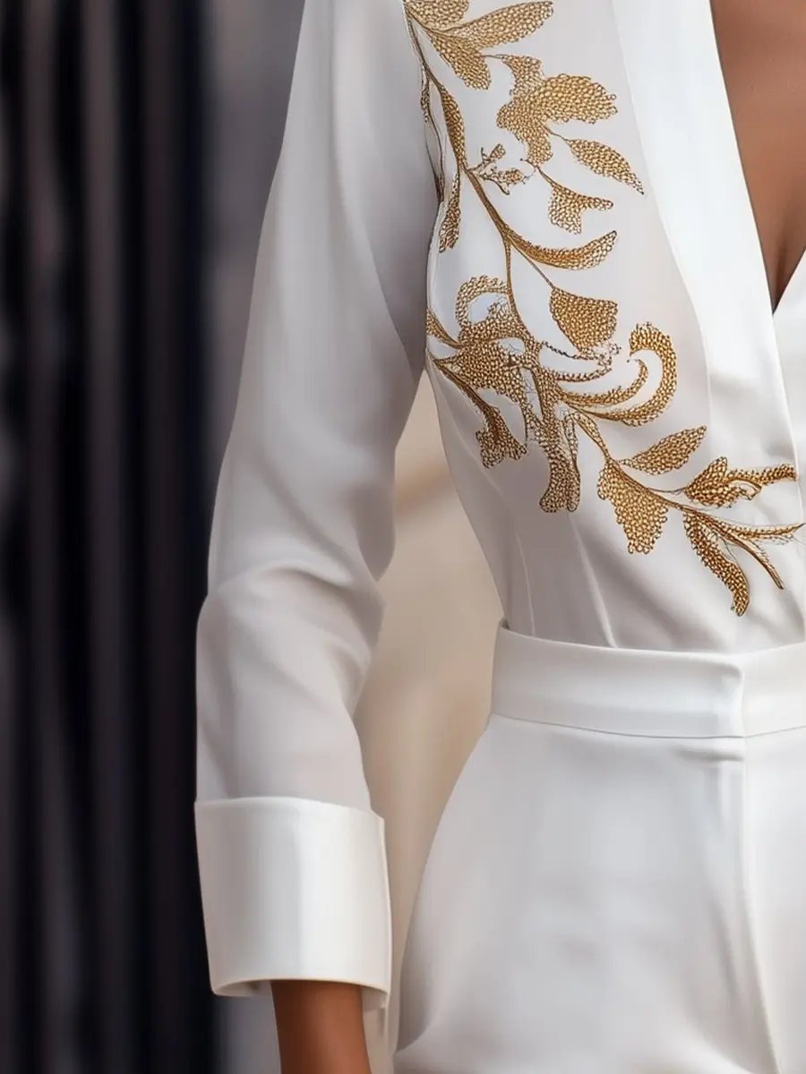White Blouse with Gold Floral Embroidery - Blouse CASA LARO
