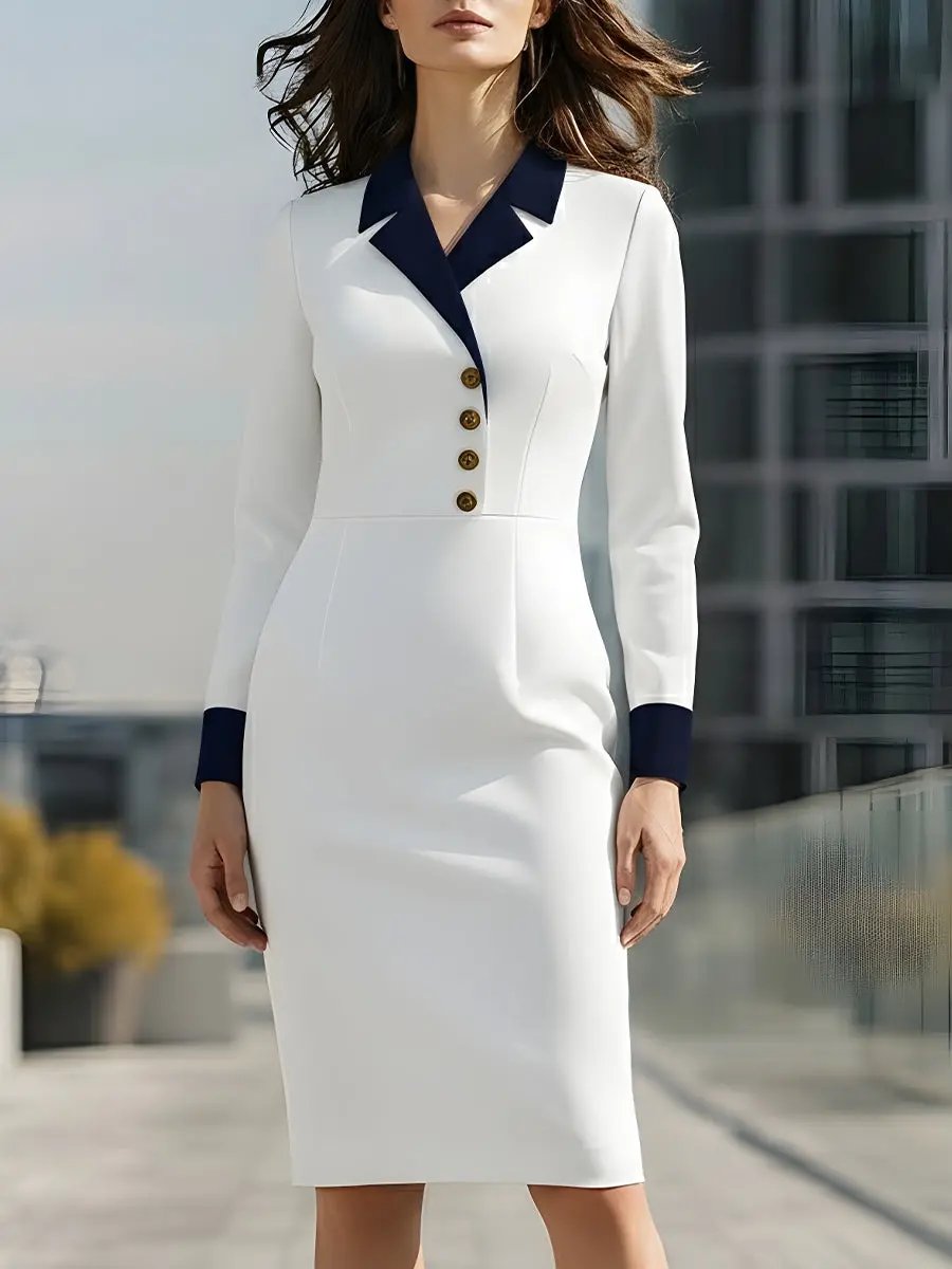 White Contrast Collar Gold-Button Detail - Midi Dress CASA LARO