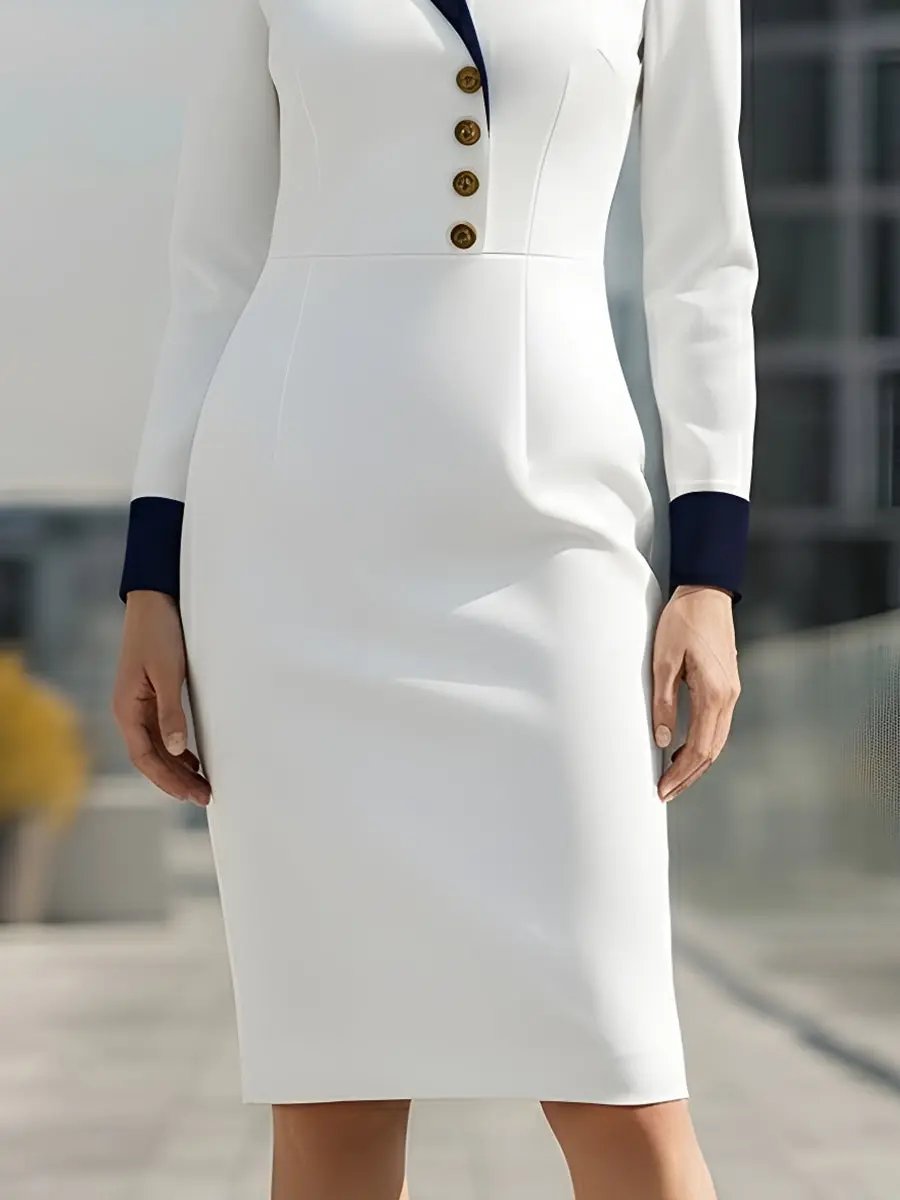 White Contrast Collar Gold-Button Detail - Midi Dress CASA LARO