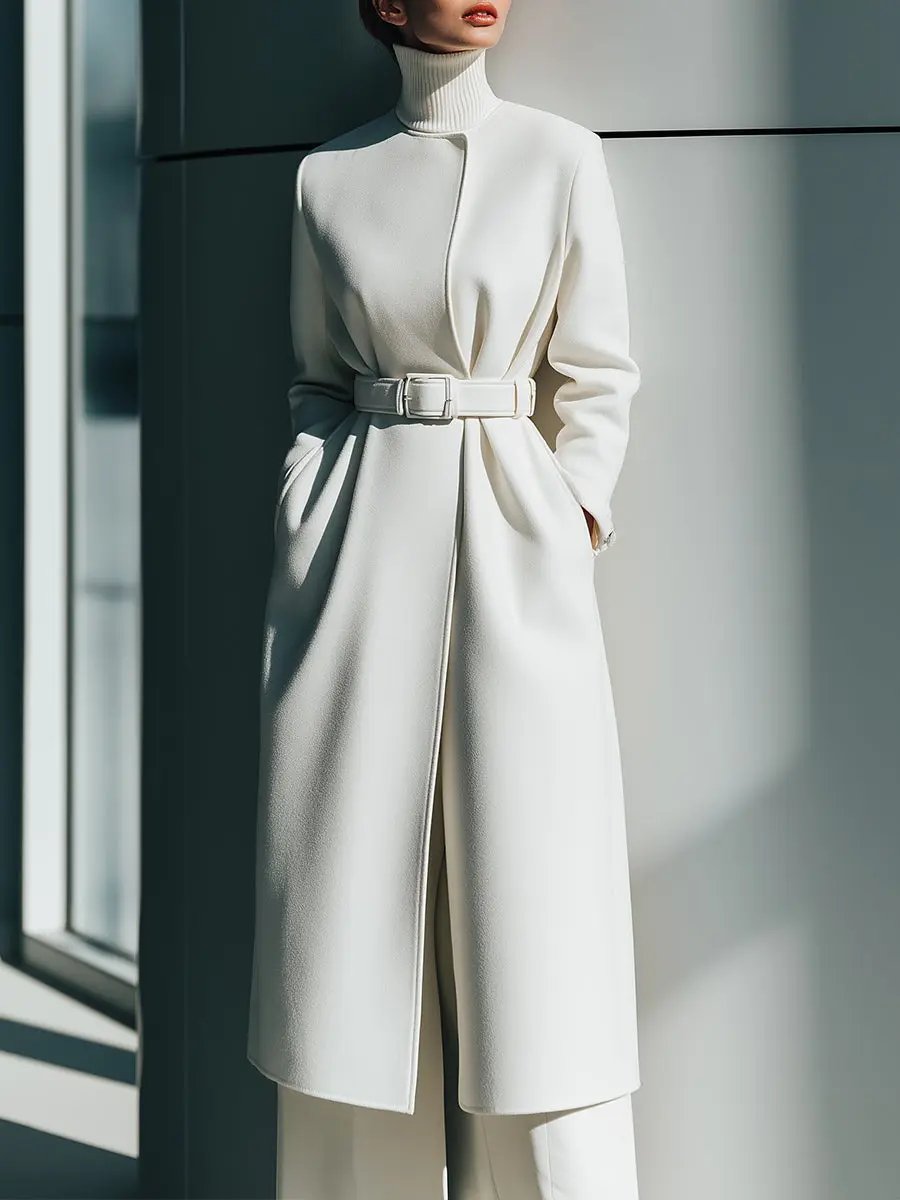 White Minimalist Belted Wool Overcoat - Coat CASA LARO