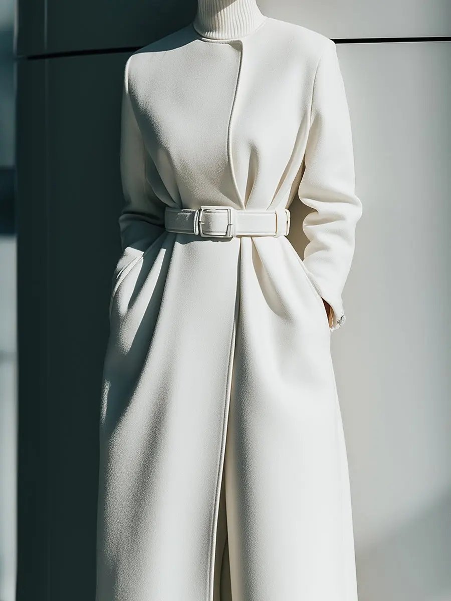 White Minimalist Belted Wool Overcoat - Coat CASA LARO