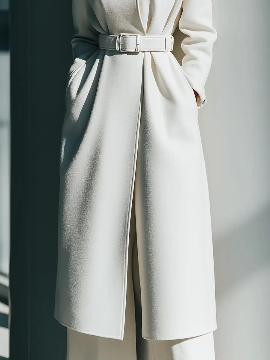 White Minimalist Belted Wool Overcoat - Coat CASA LARO