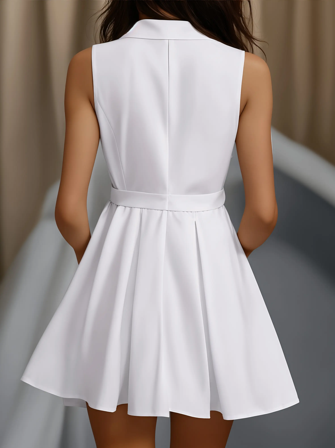 White Pleated Button-Front Shirt Dress - Mini Dress CASA LARO