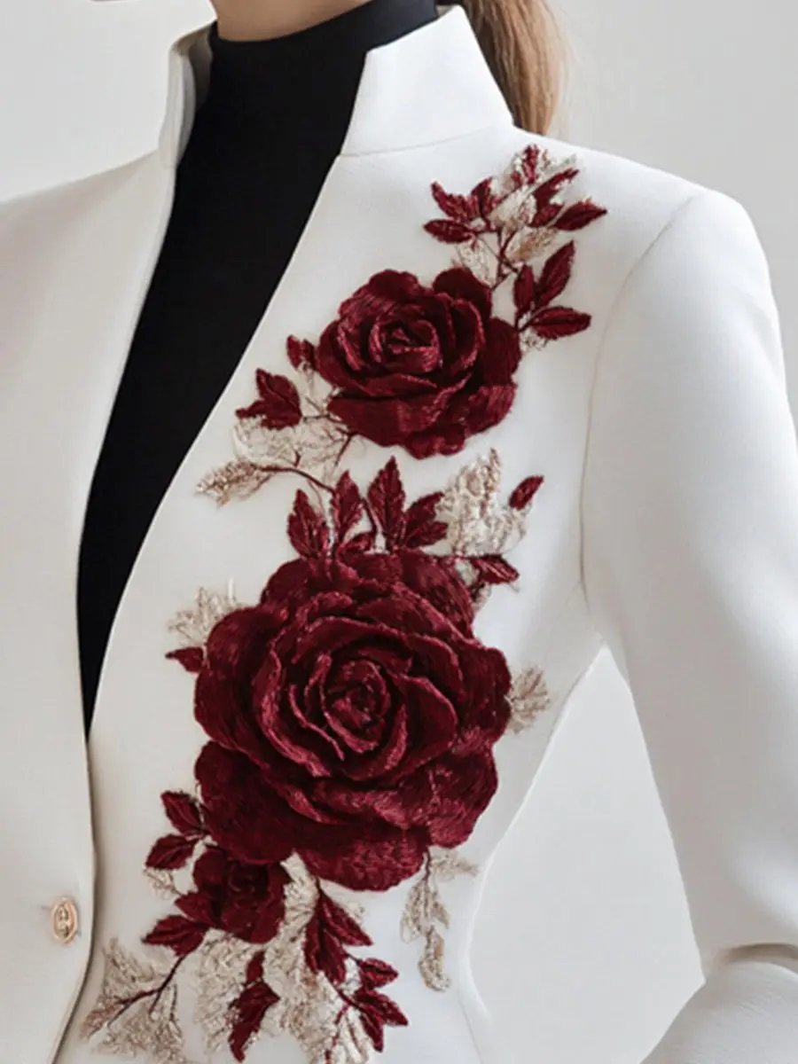 White Tailored Blazer with Red Rose Embroidery - Blazer CASA LARO