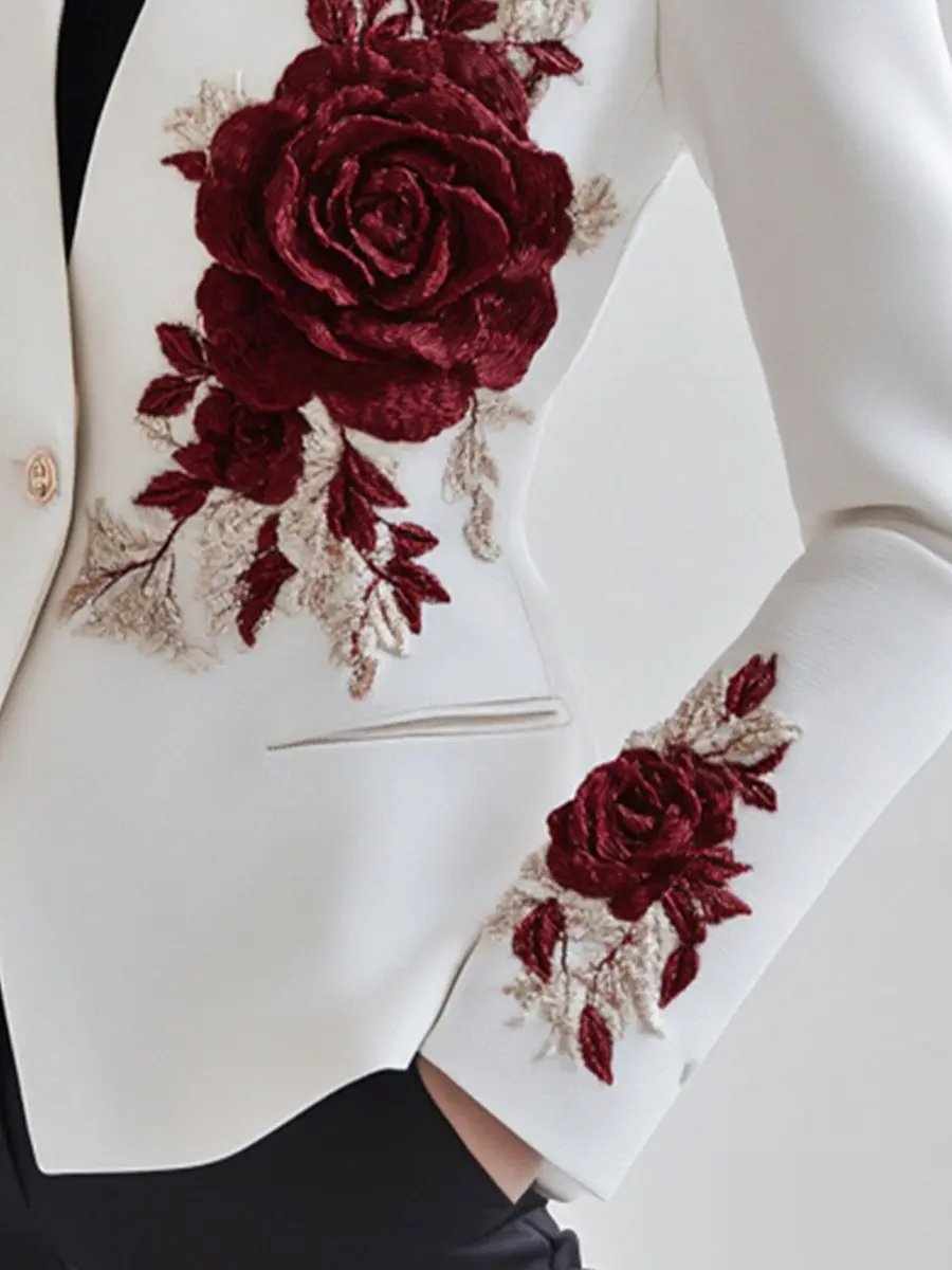 White Tailored Blazer with Red Rose Embroidery - Blazer CASA LARO