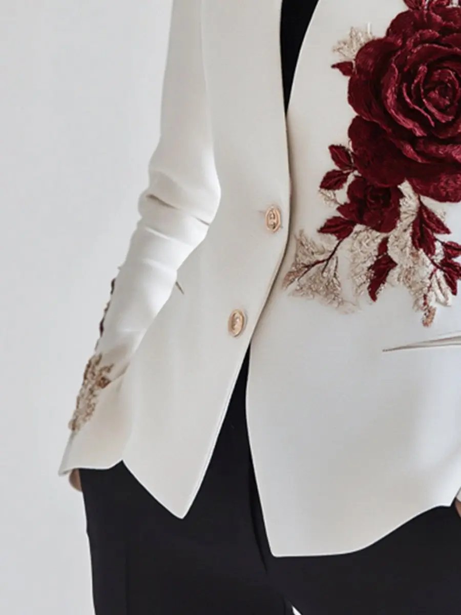 White Tailored Blazer with Red Rose Embroidery - Blazer CASA LARO