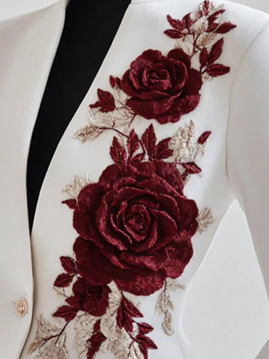 White Tailored Blazer with Red Rose Embroidery - Blazer CASA LARO