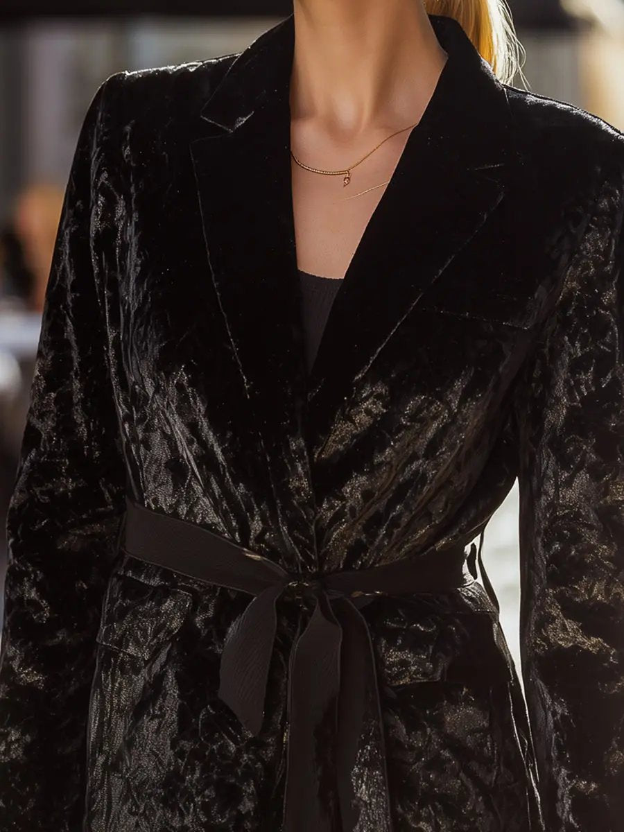 Women's Black Velvet Belted Tailored Blazer - Blazer CASA LARO