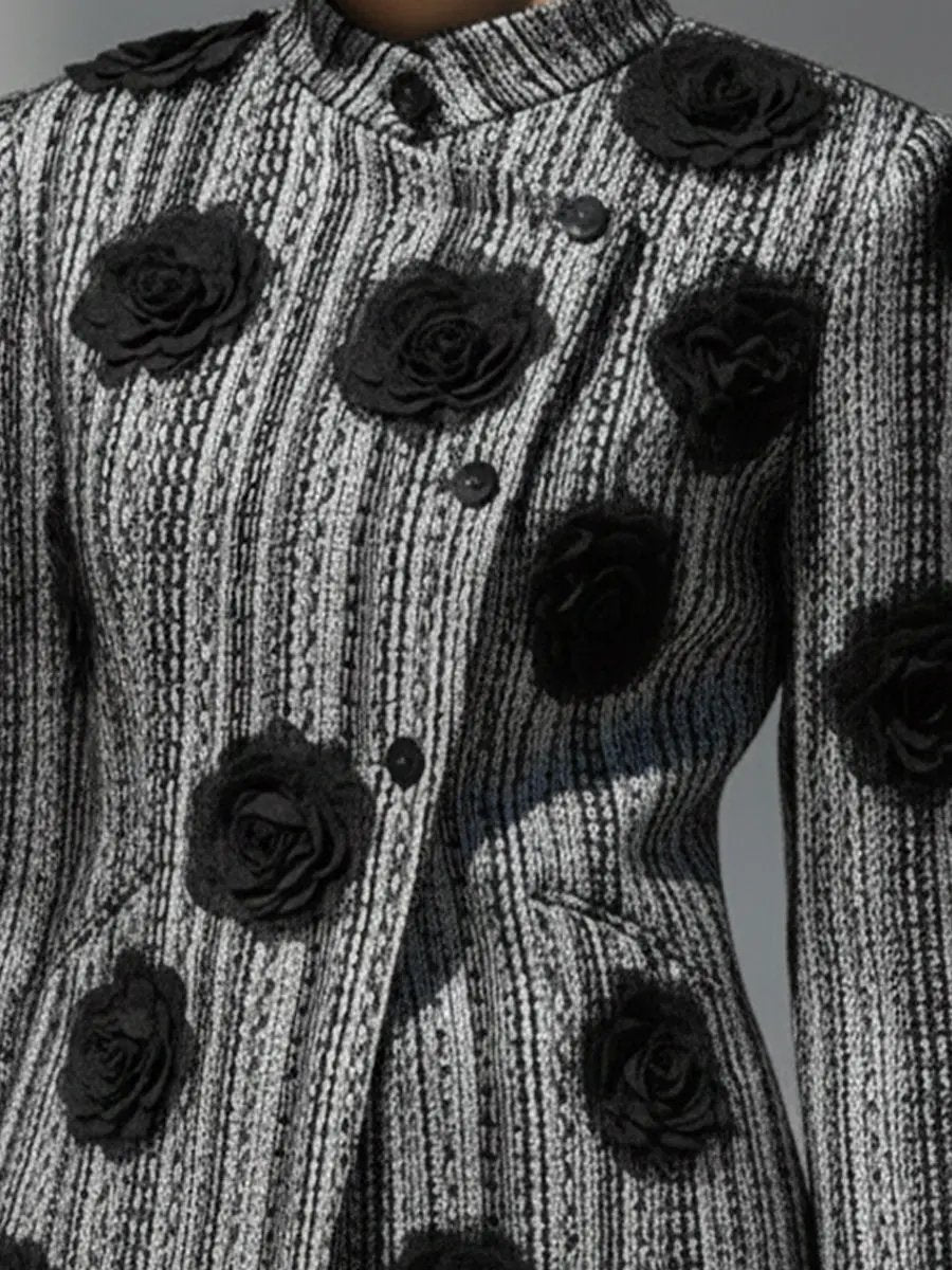 Women's Black & White Striped Floral Appliqué - Jacket CASA LARO